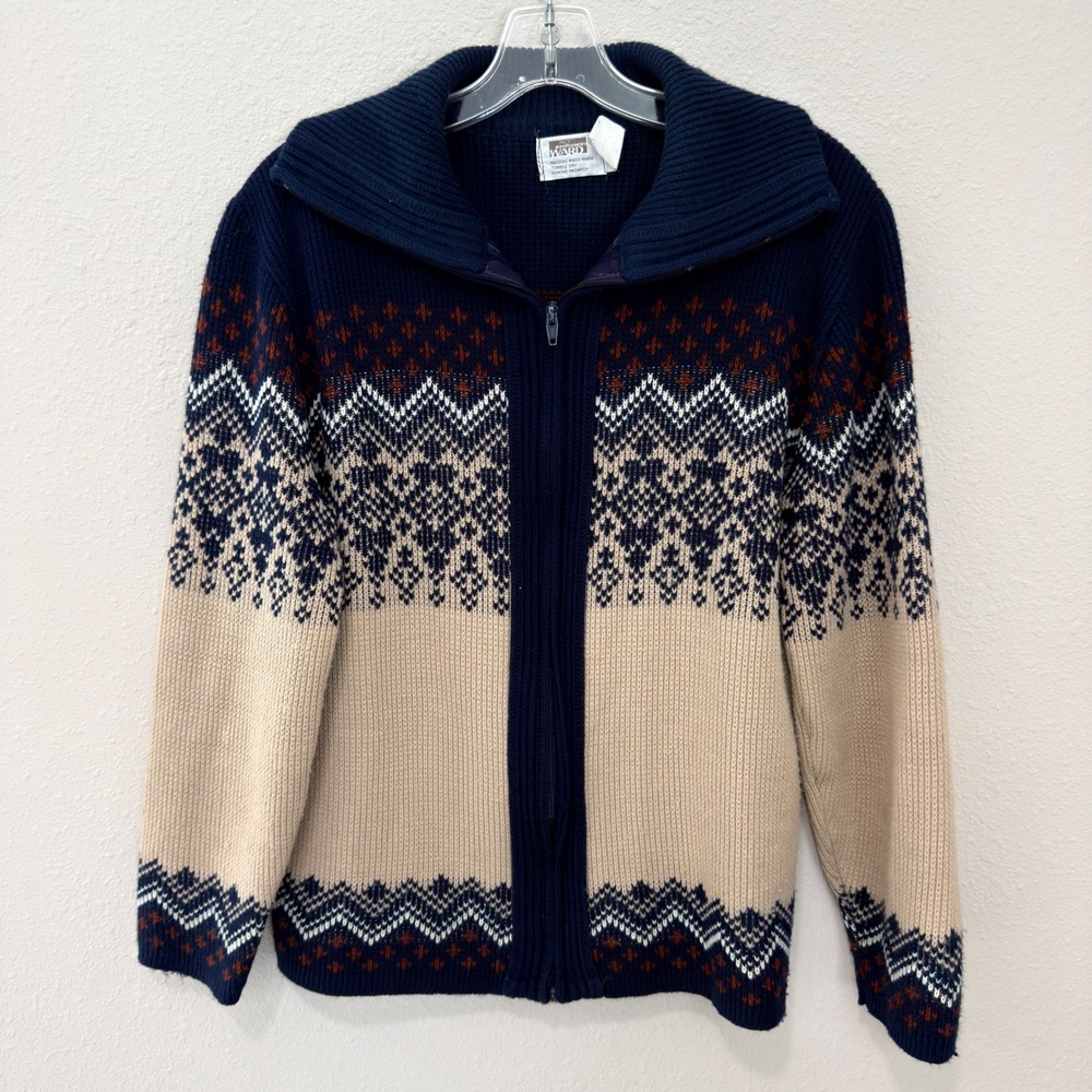 Vintage 70's Montgomery Ward Sweater Mens M Fair Isle Nordic  Zip Shawl Collar